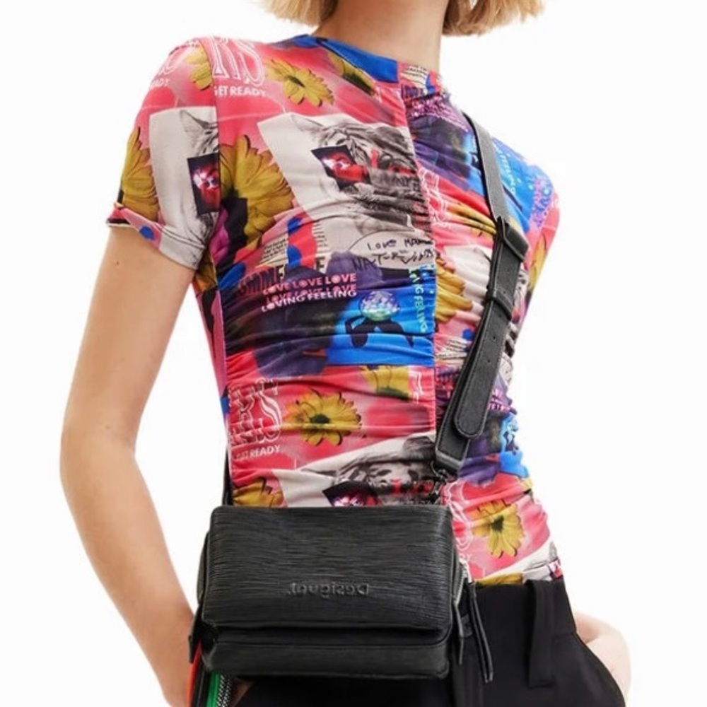 DESIGUAL Ruched Collage Mesh Bodysuit Mixed Floral Print Retro Abstract Graphic